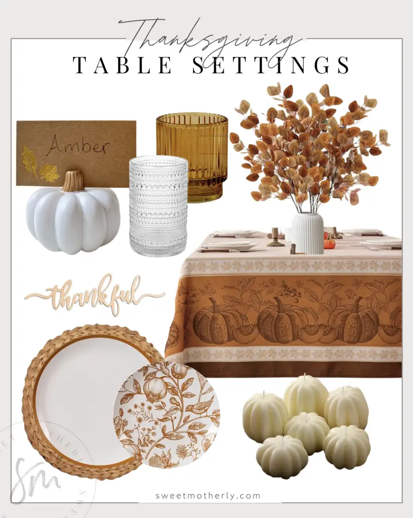 A table setting with pumpkins and leaves.